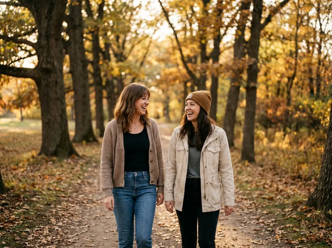 Two friends walking together in an autumn park