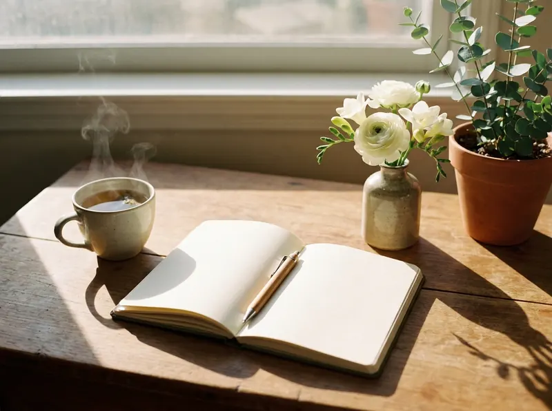 Notebook and herbal tea on a sunny desk