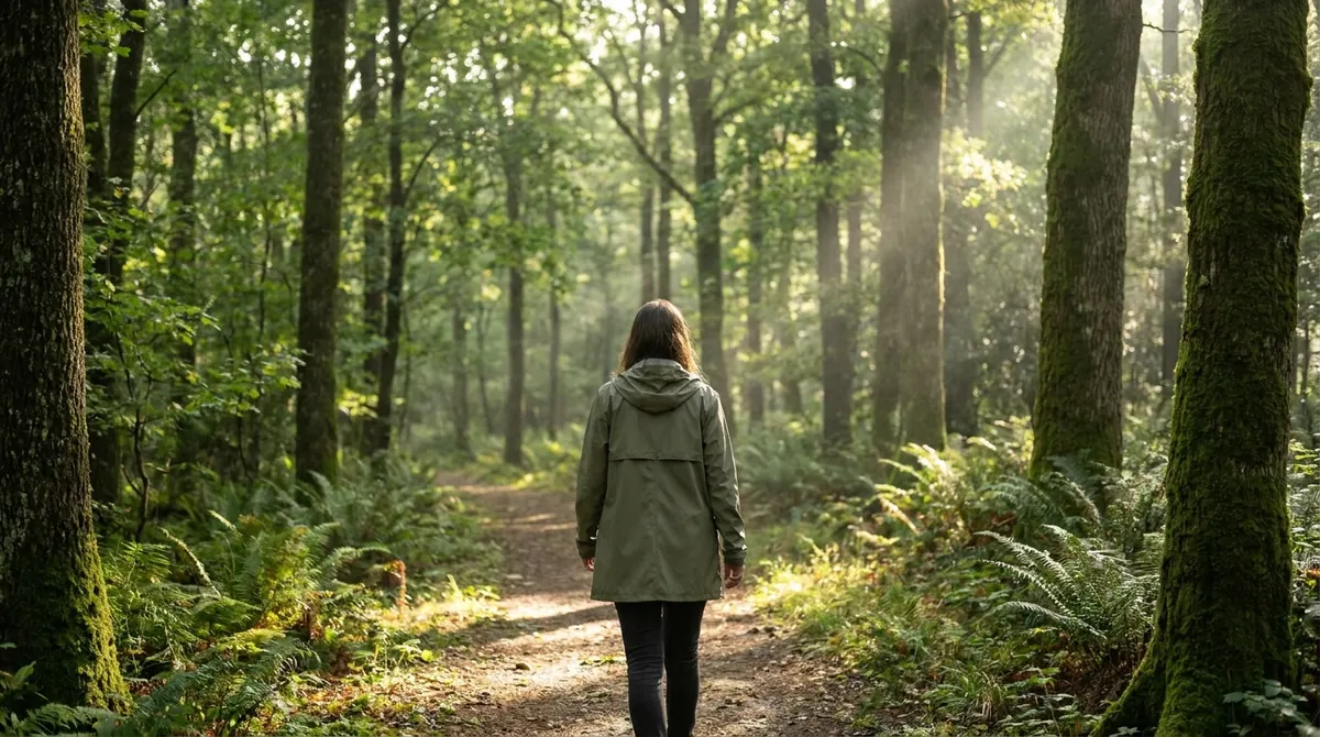 Person walking on a sunlit forest trail