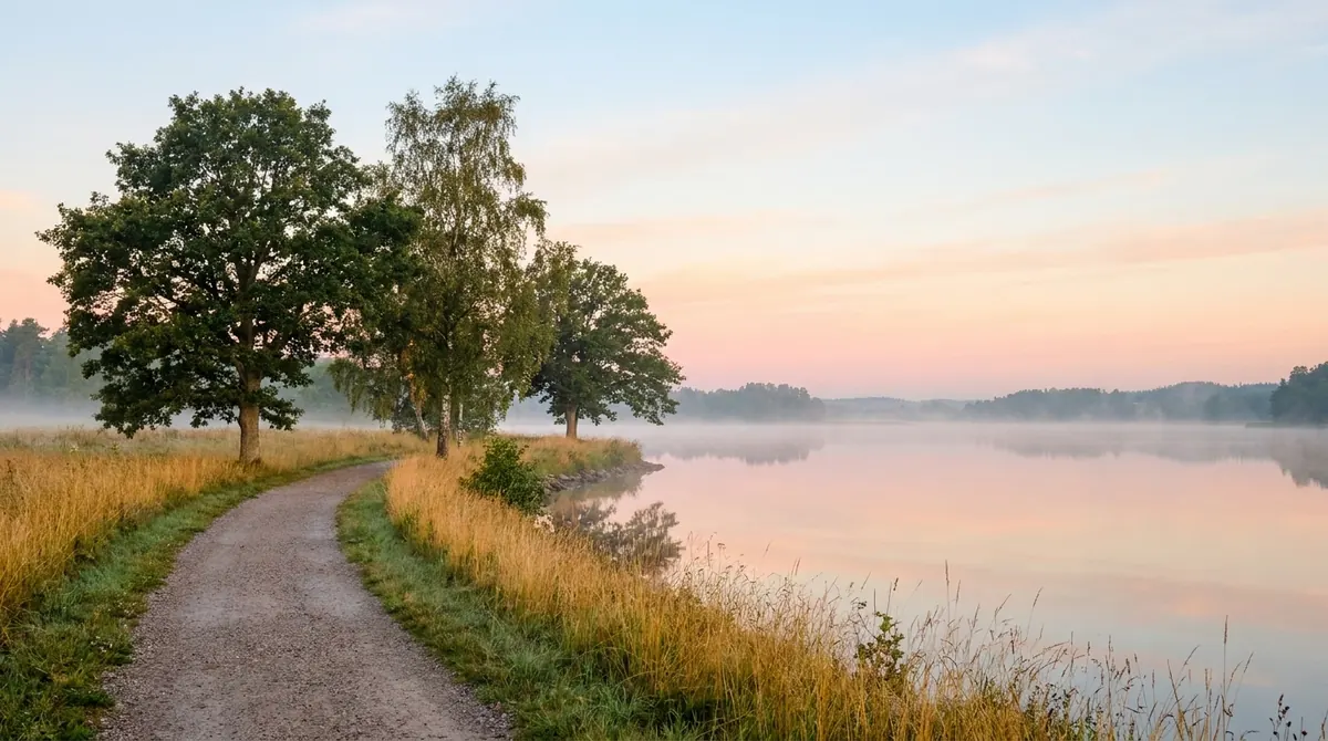 Quiet lakeside path at sunrise