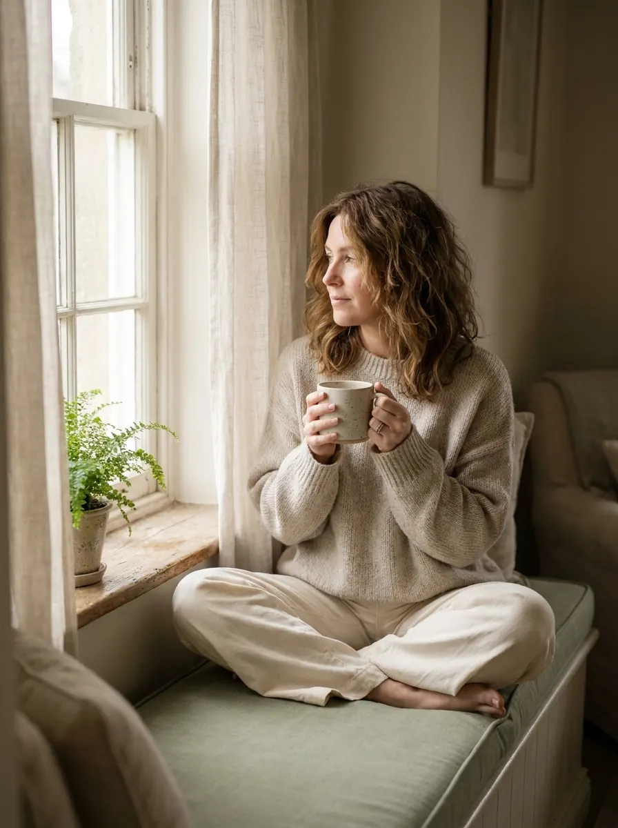 Woman enjoying a cup of tea by a sunlit window