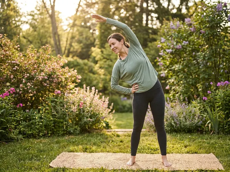 Woman stretching in a garden