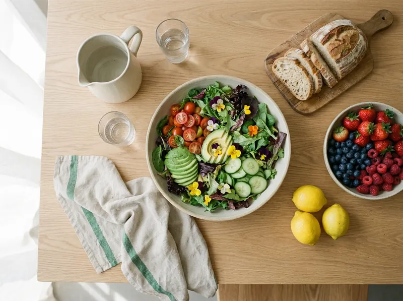 Table with fresh salad, fruit and water