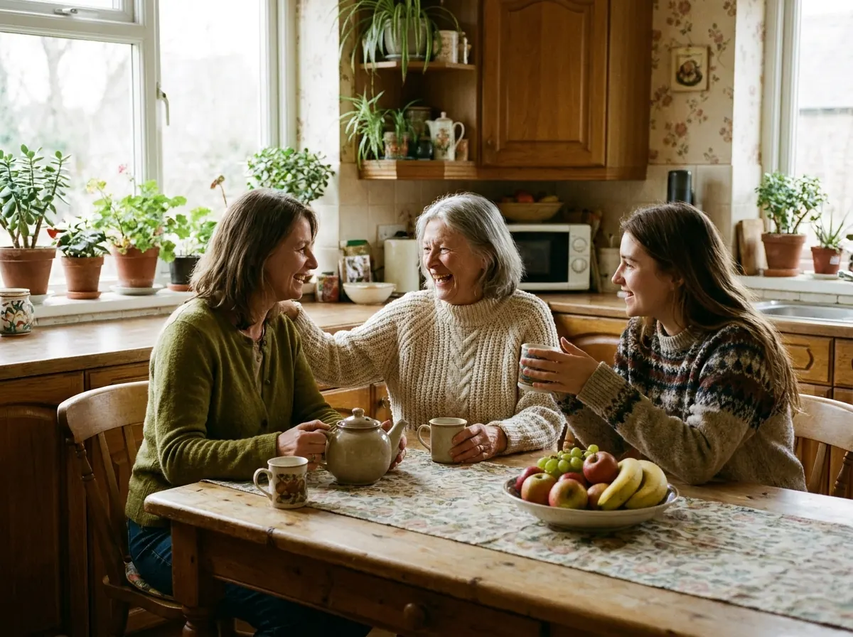 Three generations sharing tea at a kitchen table